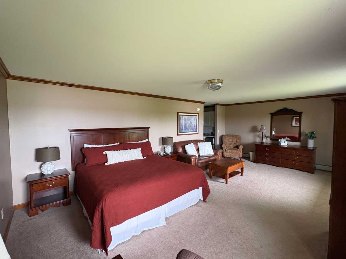 Spacious king suite featuring comfortable seating area, leather loveseat, coffee table, dresser, and premium accommodations.